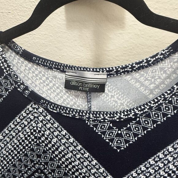 Allison Brittney Women's Dress Petite Medium Navy/White Geometric Short Sleeve - Picture 3 of 4